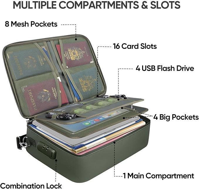 BALEINE Fireproof Document Box with Lock, Portable Fireproof Document Bag Waterproof Fire Proof File Boxes for Documents, File Organizer Box for Important Paperwork (Green, 15''x11''x4'')