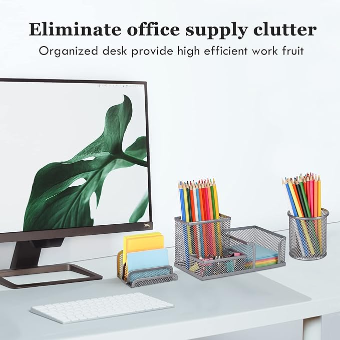 Pen Holder for Desk, 6 Pieces Mesh Desk Organizer set 3 Compartments pens holder, Mail Organizer Home Office Supplies Caddy Storage Baskets for Desktop Accessories(Sliver)