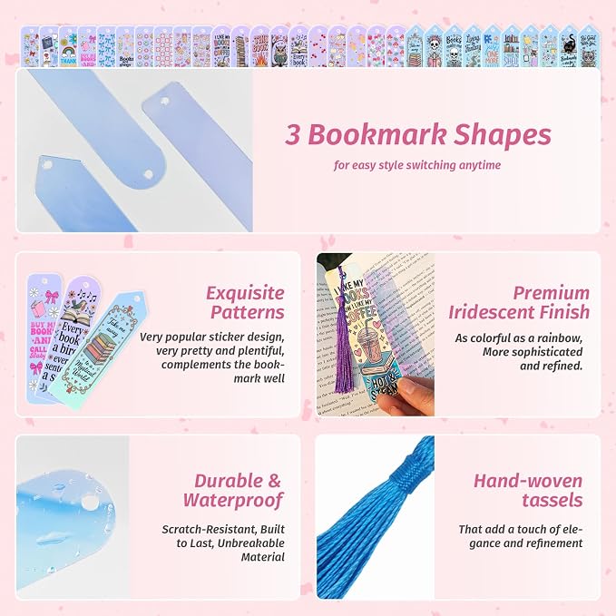 120Pcs Acrylic Bookmark Blanks Kits, Iridescent Clear Bookmarks Bulk,30Pcs Blank Bookmarks with 30PCS Booklover UV DTF Stickers and 30 Color Tassels for DIY Crafting Projects and Book Lovers Gifts
