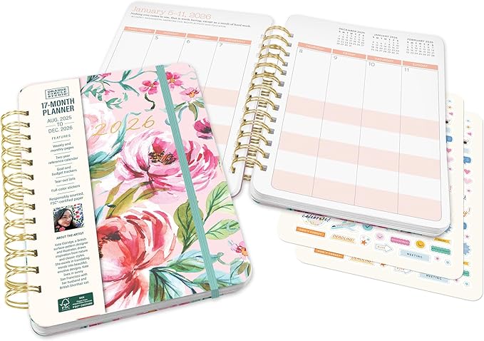 Orange Circle Studio Academic Planner 2026, Bella Flora, Do It All Planners, 17-Month Wire-O Bound Planner for School or Work, Dotted Grid Week-Per-Spread View, To-Do Lists, Budget & Goal Trackers