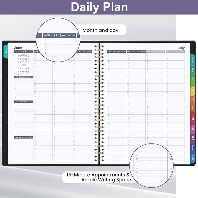Appointment Book 2026-2027 - Daily Hourly Planner 2026-2027, Jul 2026 - Jun 2027, Appointment Book, 8.5" x 11", 26-27 Planners Weekly with 30-Minute Interval, Leather Cover, Colorful Tabs - Black