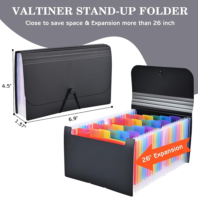 Receipt Coupon Holder Organizer, 25 Pockets Small Accordian File Organizer, Expanding File Folder with Colorful Tabs, A6 Size for Cards, Check, Tickets, Monthly Bills Storage (Black)