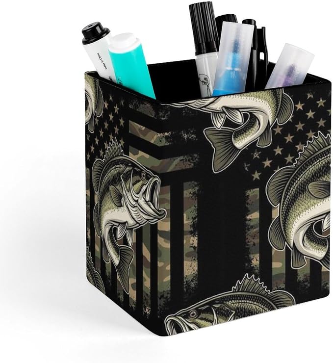 Women's Fashion Pencil Pen Holder Cup, Waterproof Office Supplies, Waterproof Multifunctional Office Supplies Bass Fishing Hunting Camo Camouflage American Flag Art
