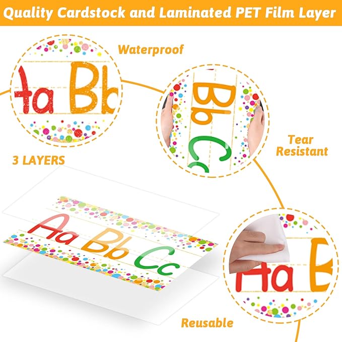 12 Pieces Alphabet Bulletin Board Strips Set Alphabet Line ABC Alphabet Banner & Number Border Posters for Preschool Kindergarten Classroom Playroom Bedroom (Confetti)