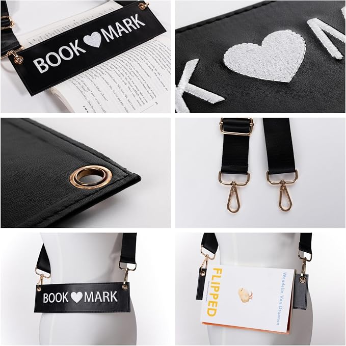 TIDOIRSA Crossbody Bookmark for Women - 10" Detachable Strap Embroidered Faux Leather Book Carrier Hands-Free, Unique Gift for Book Lovers (Black)