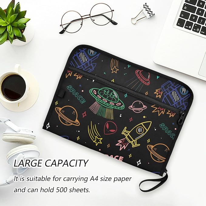 13 Pockets Expanding File Folder UFO Aliens Spaceship Colorful with Sticky Labels Accordion File Folder Document Organizer Letter Size A4 Papers Expandable File Keeper