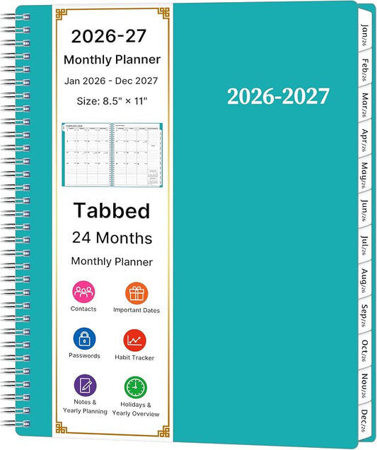 2026-2027 Monthly Planner, 2 Year Calendar Planner, Jan 2026 - Dec 2027, 8.5’’ x 11’’, Large Spiral Agenda, 24 Months, with Tabs ＆Pocket, Flexible Cover, Organizer for Office Home School, Green