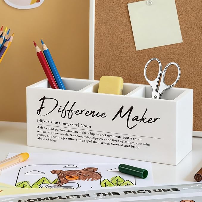 Difference Maker Gift Pen Pencil Holder, Appreciation Gifts for Coworkers Leaders Teachers Wood Desk Organizer and Accessories, Difference Maker Makeup Brush Holder Organizer for Bathroom Vanity