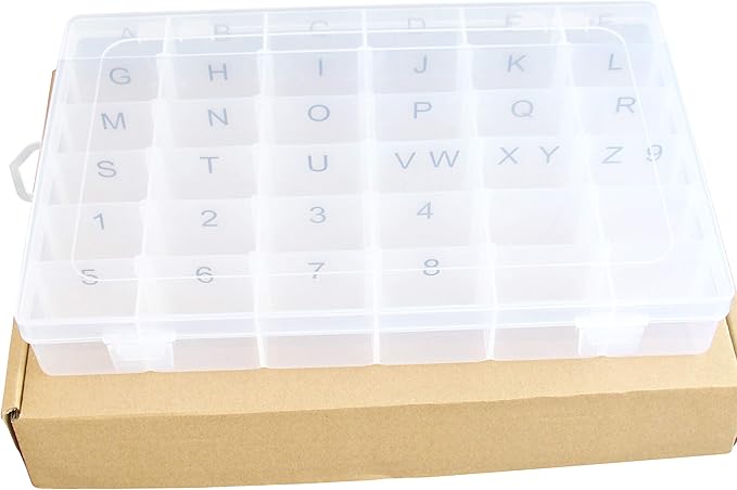 Plastic Organizer Container Box with Adjustable Dividers - 36 Compartments for Letter Board Letters - Stickers Pre Applied to Dividers