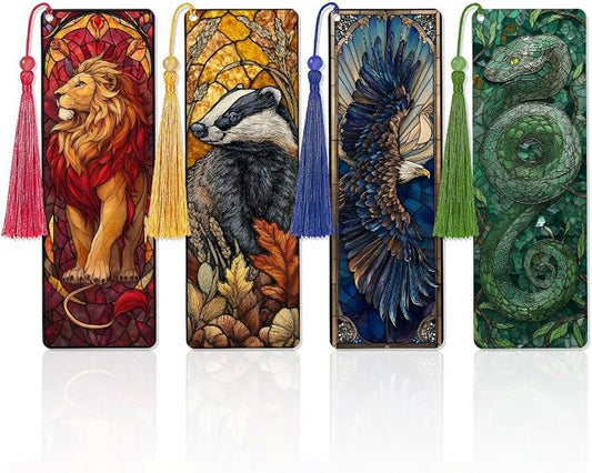 4 Pcs Stained Glass Animal Bookmarks for Women Men, Magic Transparent PVC Bookmark with Tassels, Fantasy Reader Gift, Cool Book Marks Accessories for Reading Lovers Bookish