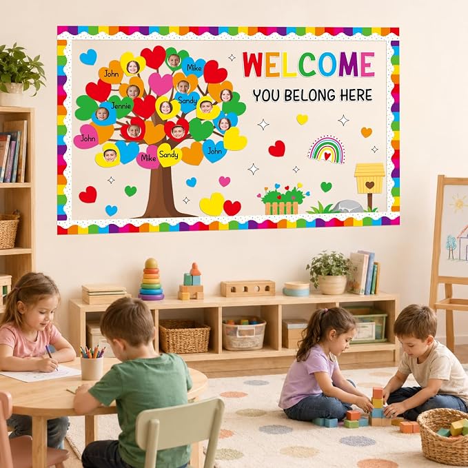 85pcs Rainbow Classroom Tree Bulletin Board Heart DIY Photo Name Tags Crafts Cutouts Back to School Rainbow Accents You Belong Here Welcome Classroom Decor for Nursery Elementary Chalkboard Wall Decor