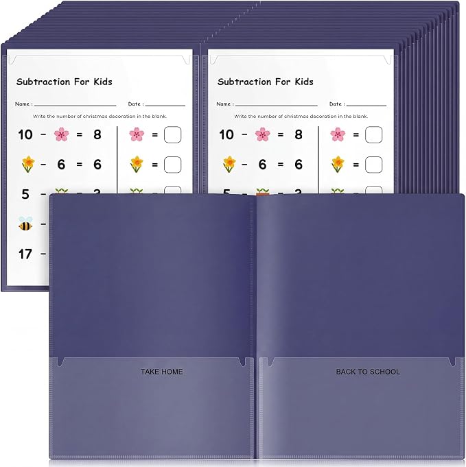 Henoyso 48 Pcs Take Home Folder Heavy Duty 2 Clear Front Pockets and 2 Inside Pockets Homework Folders for School Students Parent Teacher Classroom Communication (Dark Blue)