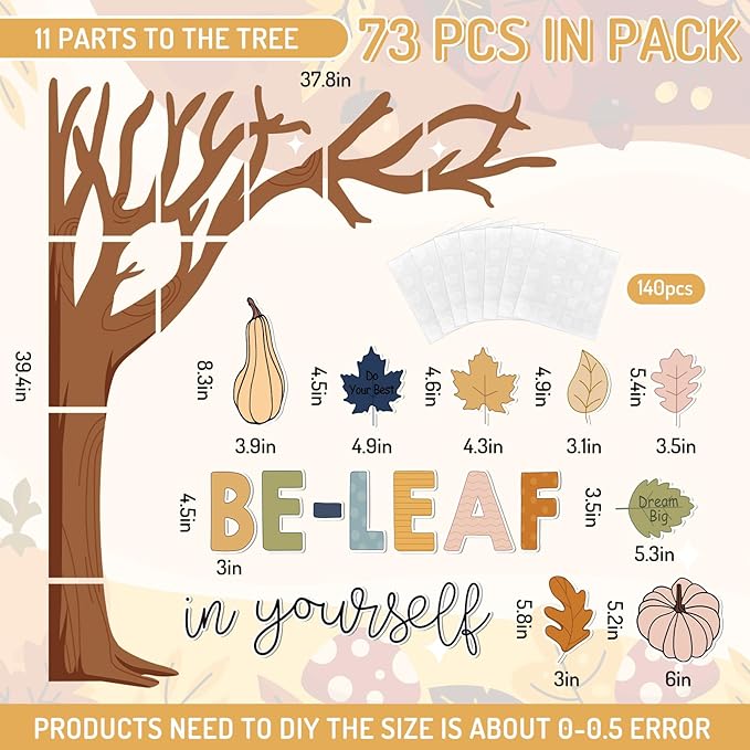 JarThenaAMCS 73Pcs Fall Tree Bulletin Board Decoration Inspirational Boho Colorful Maple Leaf Pumpkin Cutouts for Autumn Thanksgiving Classroom Wall Chalkboard Decor