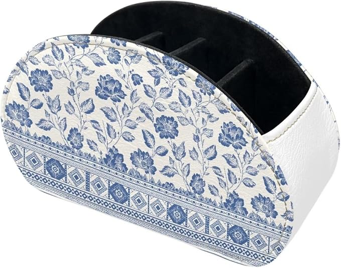 Blue and White Flower Office Desk Organizers with 5 Compartments, Remote Control Holder Desktop/TV Stand/Nightstand Remote Caddy,for Glasses/Cosmetic Brushs/Pens