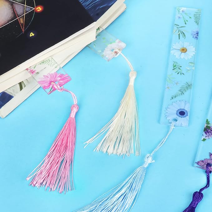 8 Pieces Flower Acrylic Bookmarks with Colorful Tassels Floral Transparent Acrylic Bookmarks Book Page Marker for Women, Teacher, Student, Kids, Book Lovers Reader, Writer, Student