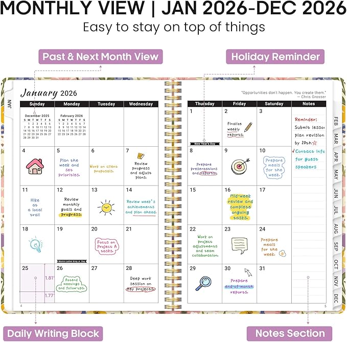 2026 Planner, Weekly and Monthly Calendar Planner Book, January 2026 - December 2026, Hardcover Spiral Planner with Monthly Tabs, Notes Pages, Perfect for Women & Men, A4 (8.5" x 11") - FLoral