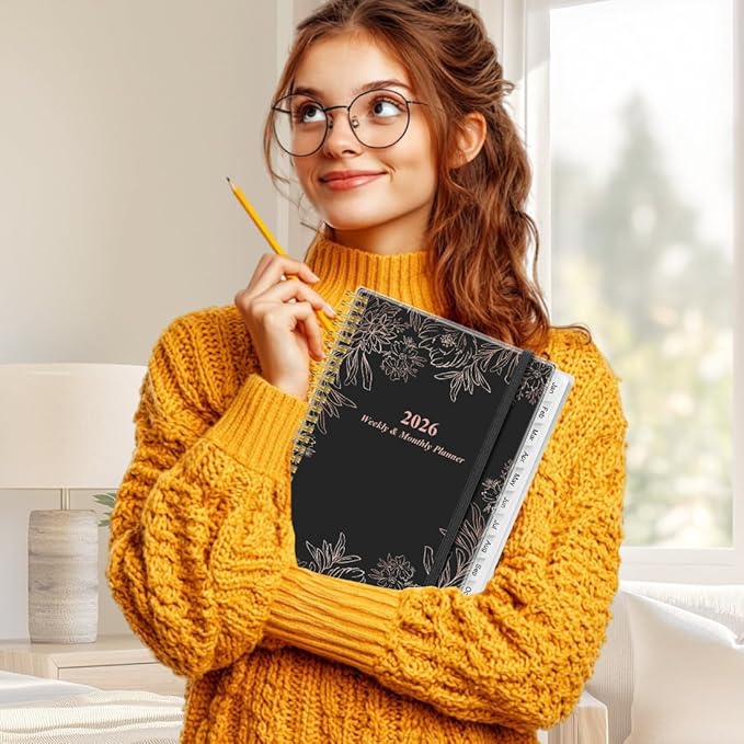 2026 Planner - 8.5" x 11" Weekly Monthly Planner from January 2026 to December 2026, Planner 2026 with 12 Monthly Tabs, Inner Pocket, Elastic Closure, Black Flowers