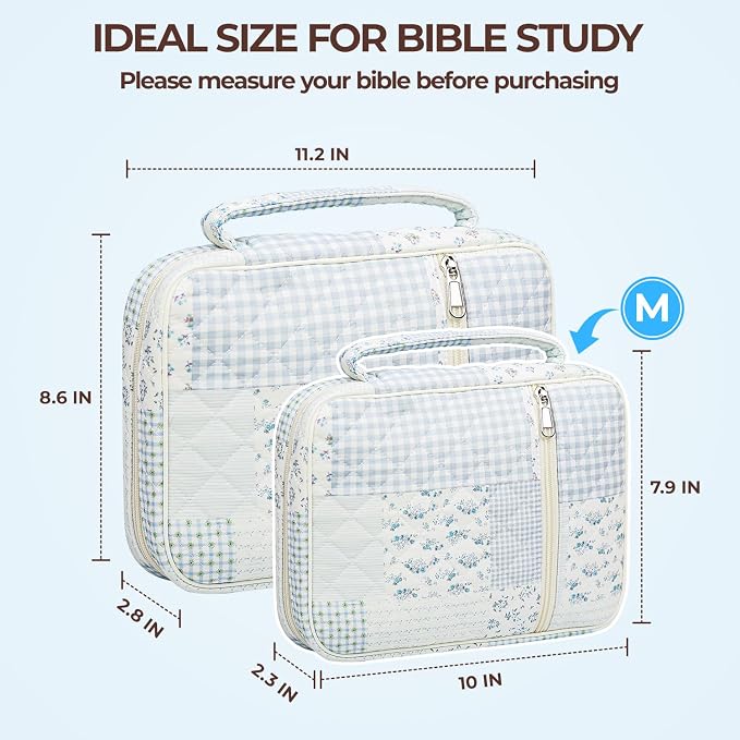 Quilted Bible Cover Case for Women with Bible Study Supplies Journaling Kit Floral Bible Bag Carrying Case with Pastel Highlighters Tabs, Women Christmas Christian Gifts (Green Blue Pin, M)