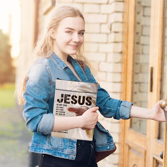 Jesus Bible Book Sleeve, Book Lovers Gifts Sleeve with Zipper & Front Pocket, 11.4x8.8 Inch Canvas Books Cover Protector Bookish Bible Gift for Readers Women Teacher, Inspirational Gifts for Christian