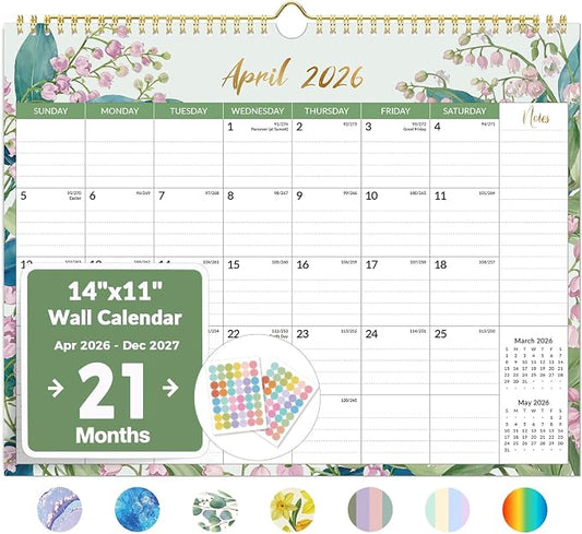 2026 Calendar, Forvencer 21-Month Wall Calendar 2026, Apr 2026 - Dec 2027, 14" x 11" Large Monthly Planner Calendars with Notes Section & Stickers, Ruled Block, Spiral Binding Hanging for Home Office