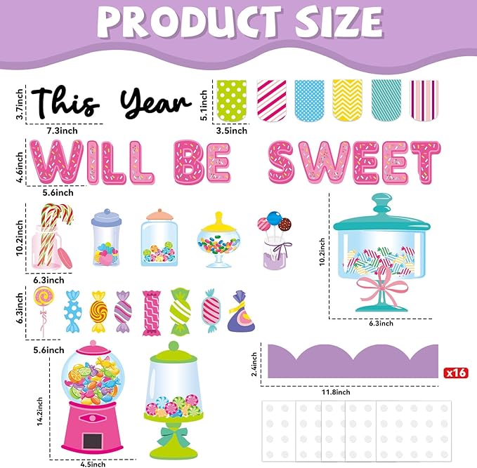 QOUBAI Candy Bulletin Board Set Sweet Theme Classroom Bulletin Board Decorations Pink Gumball Machine Cutouts Classroom Decorations for Back to School Office Home Chalkboard Decor Wall Door