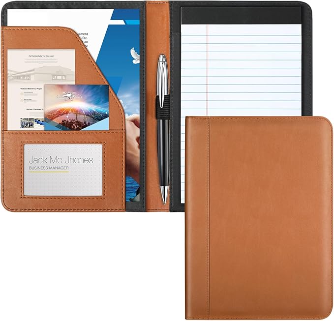 Portfolio/Business Padfolio Binder, Mini Size Document Folder Organizer, Padfolio with Interior Pocket and Pen Loop, 5 x 8 Writing Pad Included, Brown