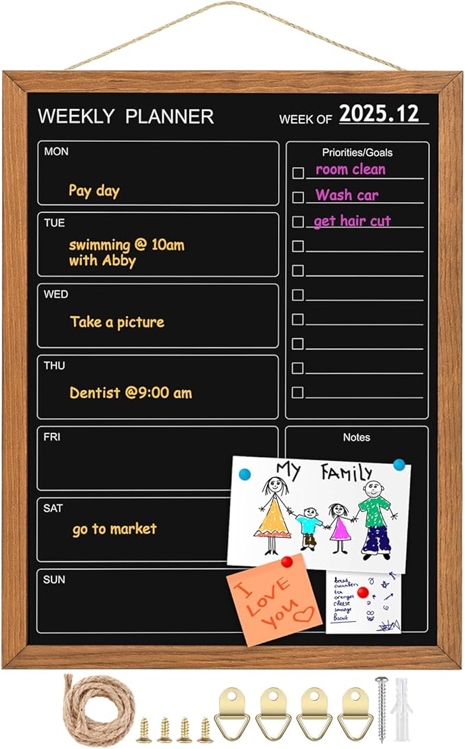 Calendar Weekly Chalkboard, 13" * 17", Magnetic Surface Rustic Brown Solid Pine Wood Frame Black Board for Office, School and Home(ZLHB-QZ-3343)