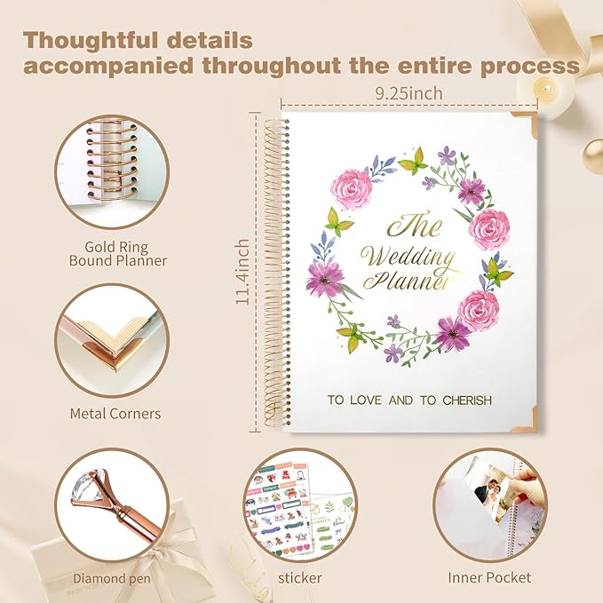 Wedding Planner Book and Organizer-176 Pages Wedding Planning Book,Bridal Planning Binder with Sticker Checklists,Gemstone pen & Budget Tracker,Wedding planner for Bride,Unique Engagement Gift