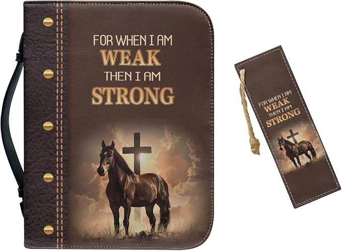 Leather Bible Cover Case for Men with Leather Bookmark (Set of 1),Brown Bible Covers,Cross of Horses and Scripture,Small