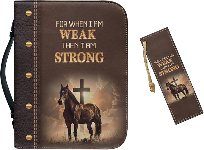 Leather Bible Cover Case for Men with Leather Bookmark (Set of 1),Brown Bible Covers,Cross of Horses and Scripture,Small