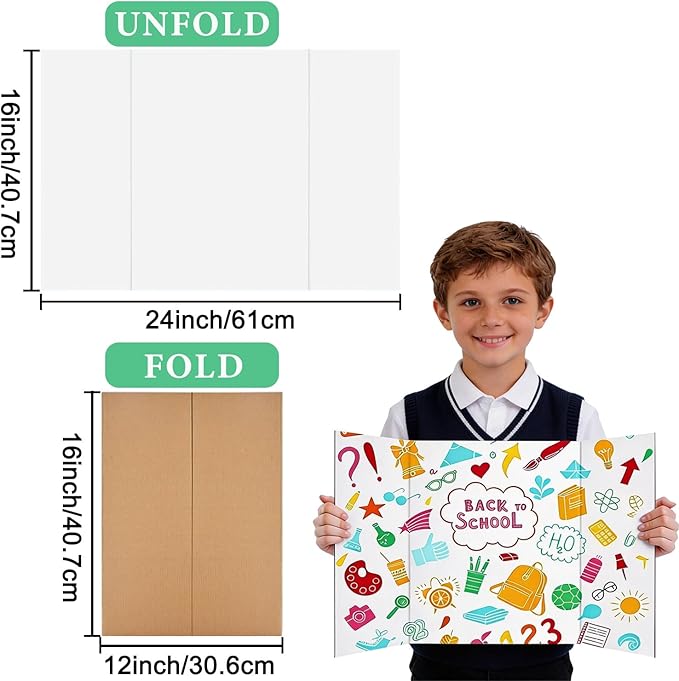 Trifold Poster Board, 24" x 16", 5-Pack, White Corrugated Project Boards for Science Fairs, School Projects, Event Displays, and Business Presentations