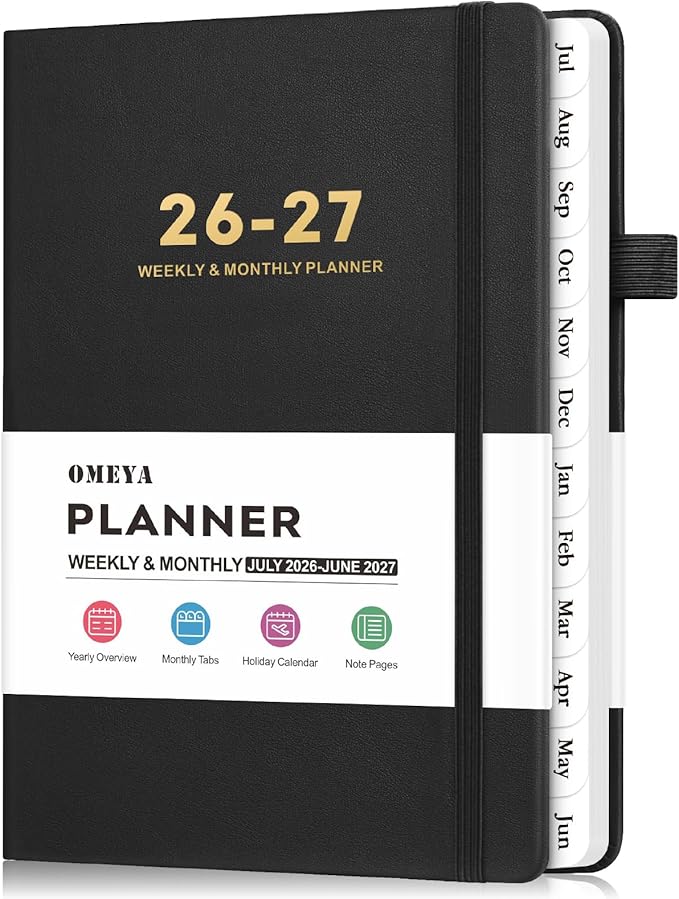 OMEYA Leather Academic Planner 2026-2027: A5 Black Business Weekly & Monthly Planner for Work, July 2026 – June 2027, 100gsm Thick Paper, Durable Stitched Binding, Tabs, Pen Loop, Pocket