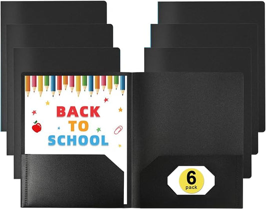MystiCharm Folders with Pockets Back to School Supplies for Students Teachers 6 Pack 2 Pocket Black Plastic File Folders Bulk for Documents Homework Paper Resume Office School Supplies Accessories