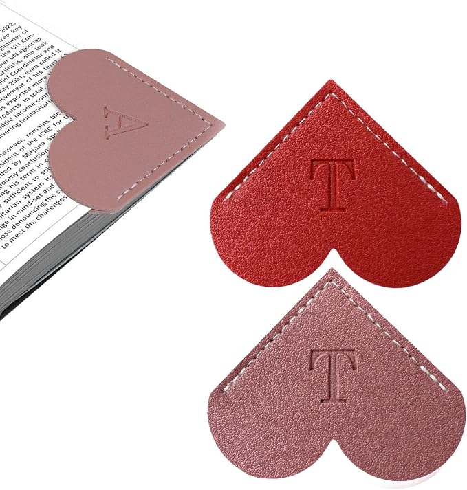 2Pcs Personalized Leather Heart Bookmark with Initial, 26 Letters Custom Corner Page Book Mark for Reading Women, Book Lovers, Teachers, Students, Cute Book Accessories Gifts(Red+Dark Pink, T)