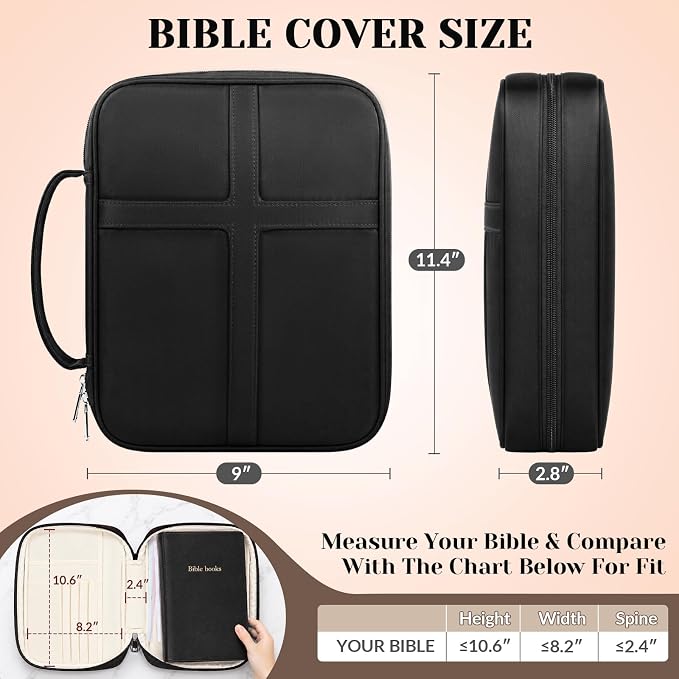 XKDOUS Large Bible Cover, Bible Bag with Handle, Durable Cross Design Bible Case with Bible Accessories, Bible Cover Case for Women and Men, Christian Gift (Black)