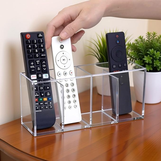 Amazing Abby Remote Control Holder (2-Pack), Clear Plastic 4-Compartment Organizer for TV Remote, Shatter-Proof Storage Box for Media Players, Controllers, and Office Supplies