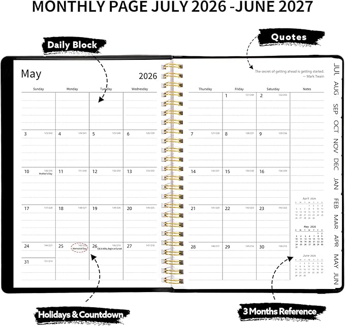 2026-2027 Planner, Weekly and Monthly Planner, July 2026-June 2027, Calendar Planner A5 (6.1" x 8.4") with Tabs, Inner Pocket for Home School Office Supplies, Black