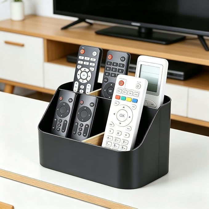 Remote Control Holder, Plastic Desk Organizer with Bamboo Dividers, 4-Compartment Remote Caddy for TV Media Phone Pen Storage, Tabletop Organizer for Coffee Table, Nightstand, Office, Black