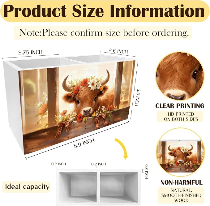 Rustic Floral Highland Cow Pen Holder for Desk, Gifts for Highland Cow Lovers Pencil Organizer, Farmhouse Heifer Wooden Box Sign Desk Decor for Girl Nursery Home Office Decoration