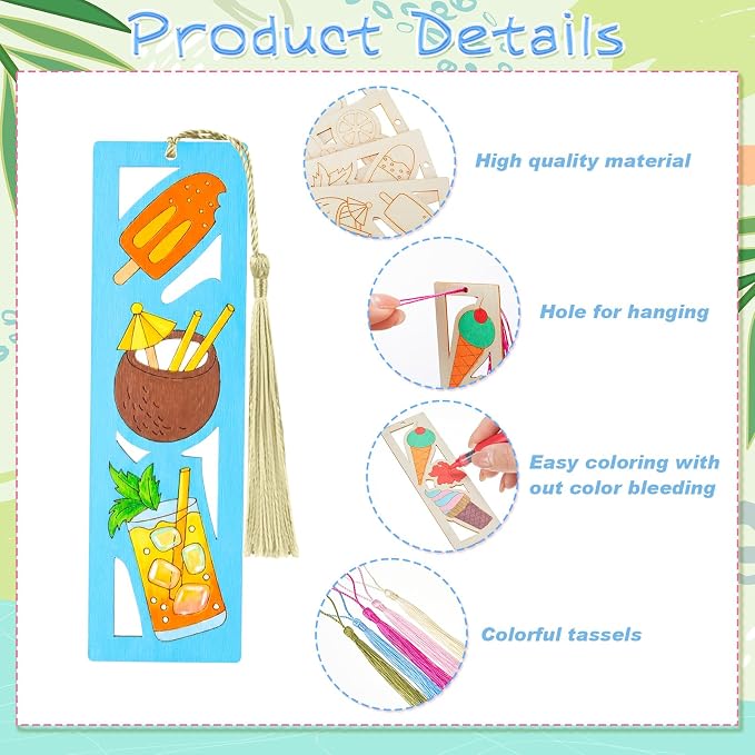 Yexiya 50 Sets Summer Ice Cream DIY Bookmarks Kit for Kids Bulk 100 Pcs Unfinished Wood Crafts with Tassels for Summer Camp Classroom Rewards and 2026 End of Year Student Gifts