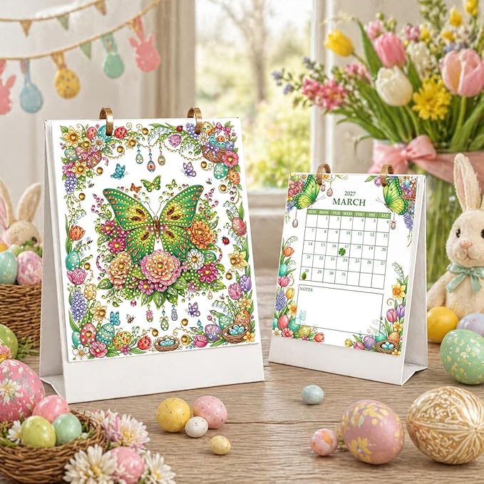 2027 Standing Desk Calendar DIY Diamond Art Painting Monthly Flip Dates Butterfly Double-Sided Pattern Tabletop Calendars DIY Craft Supplies Planner Office Home-Butterfly