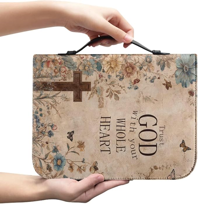 Retro Style Brown Cross Bible Case with Bookmark Waterproof Bible Cover Case for Women Lightweight Bible Bag with Handle Pockets Church Book Bag