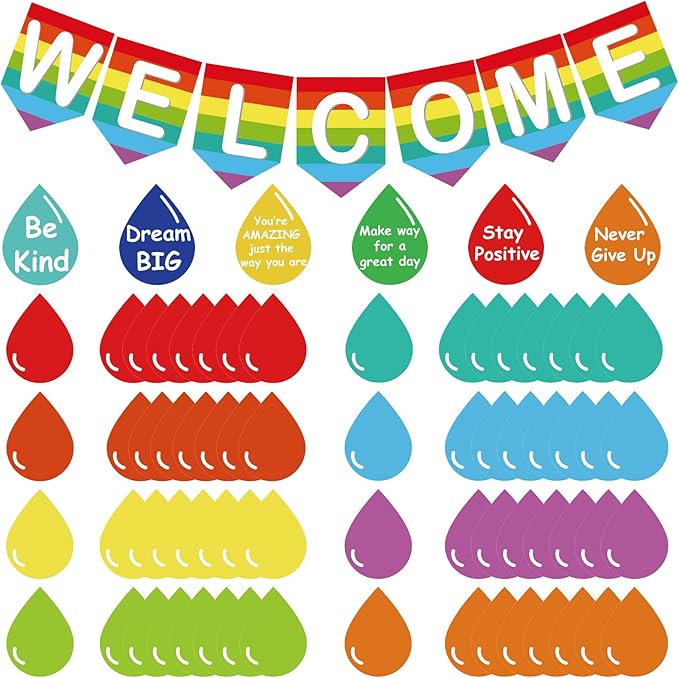 Back to School Bulletin Board Decorations First Day of School Bulletin Board Rainbow Welcome Back Banner Raindrop Motivational Cutouts Classroom Decor School Holiday Bulletin Board