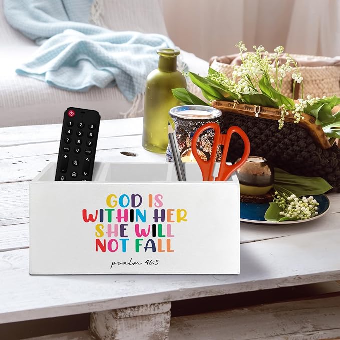 Christian Inspirational Pen Pencil Holder Organizer for Desk Accessories, God Is Within Her She Will Not Fall Bible Verse Wooden Box Sign Desk Decor for Home Office Decoration