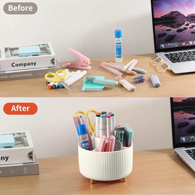 Desk Pencil Pen Holder, 5 Slots 360°Degree Rotating Pen Organizers for Desk, Desktop Storage Stationery Supplies Organizer, Cute Pencil Cup Pot for Office, School, Home, Art Supply, Beige