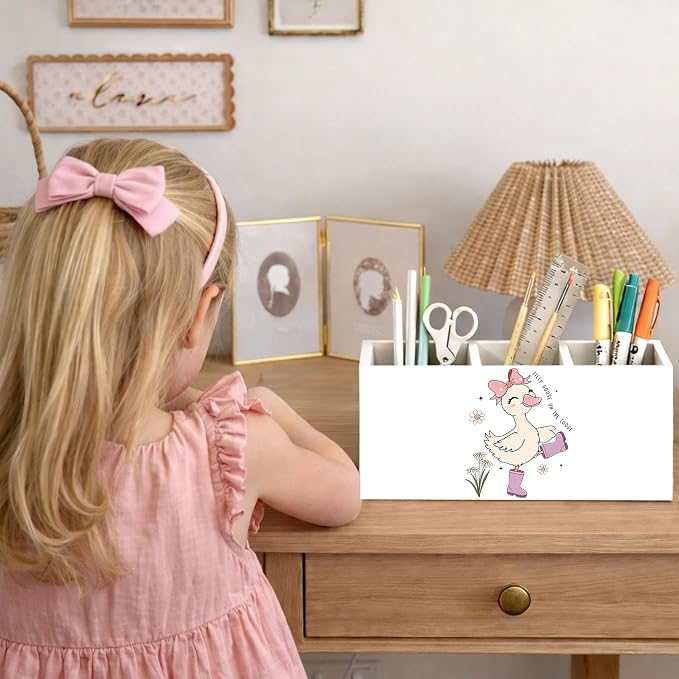 Silly Pink Goose Wooden Desk Organizer, Cute Goose Design Pen Pencil Holder with 3 Compartments, Decorative Office Supply Storage Box for Desk, Home, Office, Gift for Girls