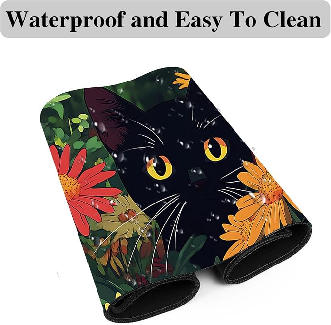 Mouse Pad Gaming Mousepad 31.5x11.8 Inch XXL Large + Coasters,Desk Mat with Stitched Edges, Non-Slip Rubber Base, Thick Mouse Pad for Computer, Laptop, Office & Home - Flowers Black Cat