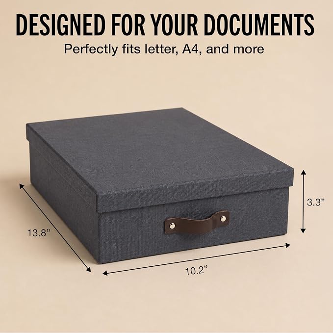 Bigso Oskar Canvas Fiberboard Document Letter Box for Important Paperwork A4 or Letter Size - Durable Keepsake Box with Lid and Leather Handle - 3.3in x 10.2in x 13.8in - Black - 3 Pack