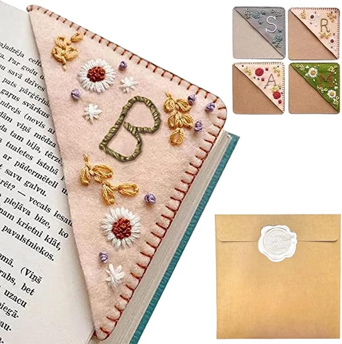 Personalized Hand Embroidered Corner Bookmark, 26 Letters Hand Stitched Felt Corner Letter Bookmark, Cute Flower Embroidery Bookmarks for Book Reading Lovers Meaningful Gift（Spring，B