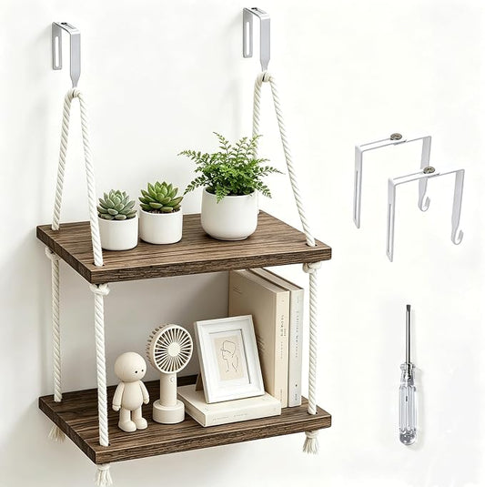 2 Tier Cubicle Shelf Hanging - 11.8 Inch Office Cubicle Wall Shelf with Rope Adjustable Hooks, Office Desk Accessories for Office Decor, Organizer, Storage in Workspaces(Brown)